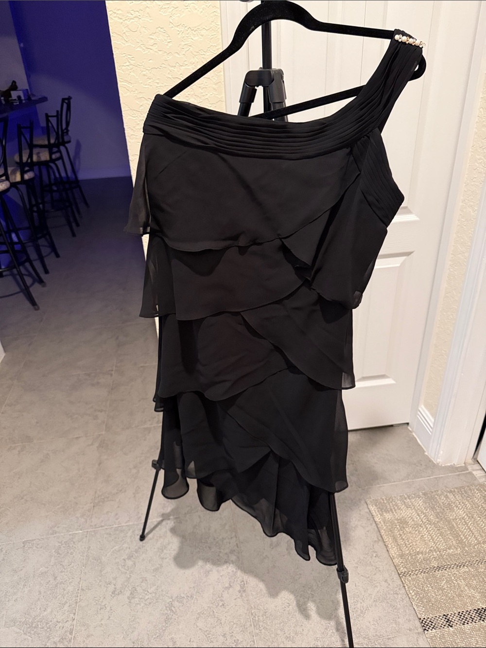 S.L. Fashions Black One-Shoulder Layered Chiffon Dress with Pearl Accent